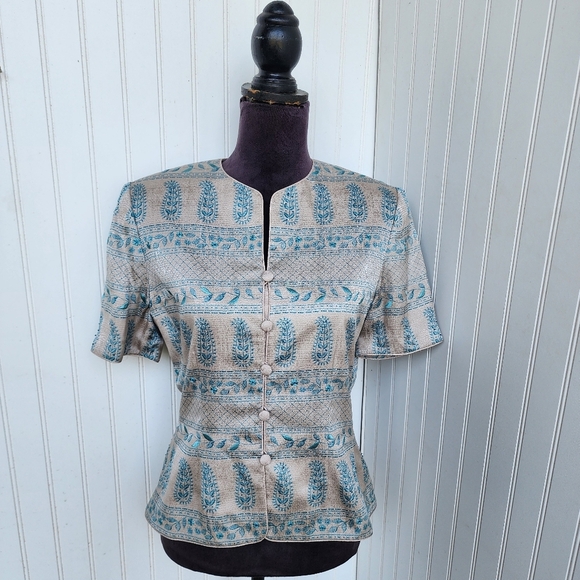 VTG ADRIANNA Papell 100% Silk Jacket Blazer Beige Blue Embroidered Peplum Sz 6 - Picture 1 of 14